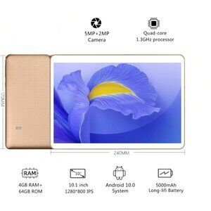 10.1" Android Tablet 4G LTE Dual-SIM, 4GB+64GB, HD IPS, GPS, Wi-Fi – Gold